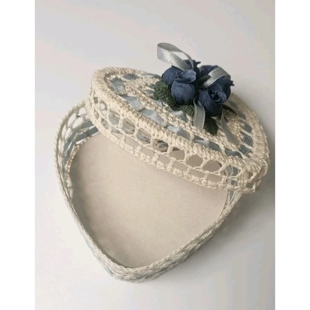 Vintage heart-shaped Hand Crocheted Trinket Box Blue Flowers Cottage Core